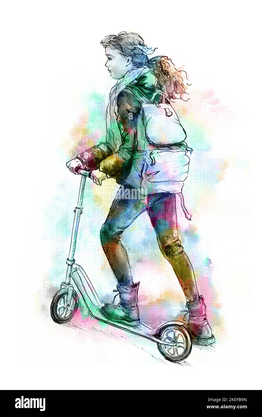 Girl riding scooter to school. Hand drawn watercolour illustration in grunge technique. Isolated on white background. Stock Photo