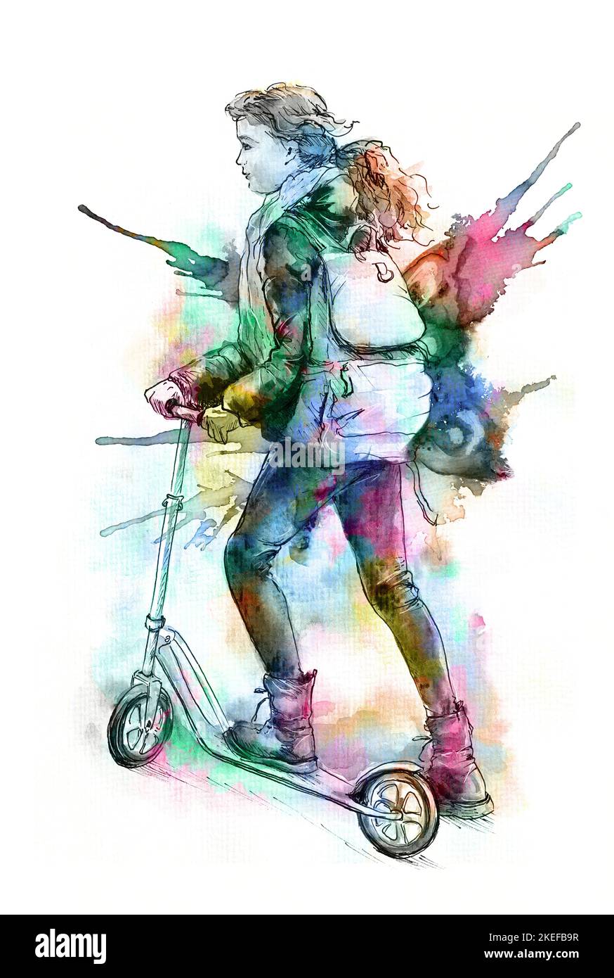 Girl riding scooter to school. Hand drawn watercolour illustration in grunge technique with runny paints. Isolated on white background. Stock Photo