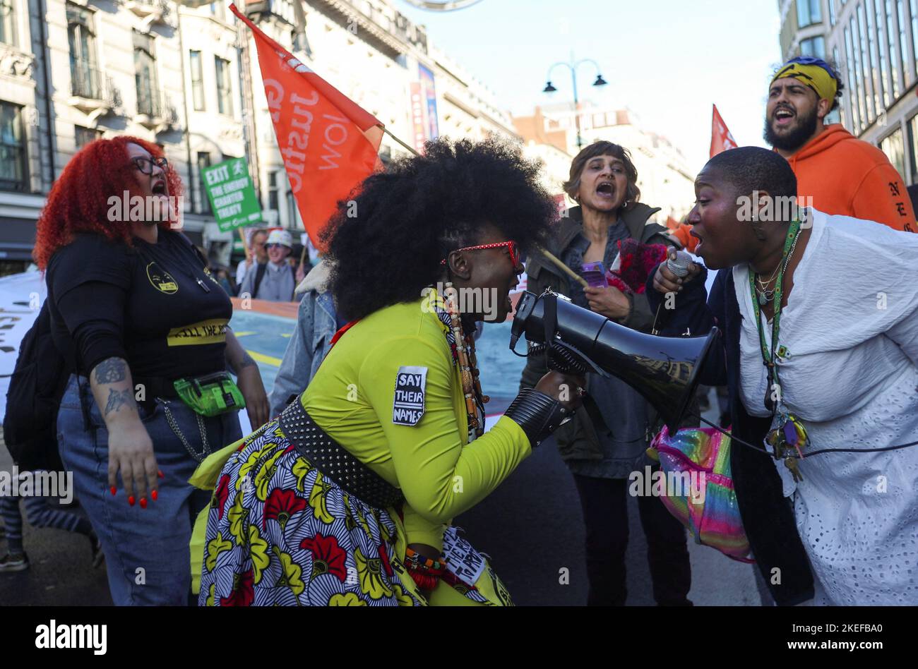 Marvina Eseoghene Newton leads the protest calling for insurers to rule out East African Crude Oil Pipeline (EACOP) as part of a global day of action, in London, Britain, November 12, 2022. REUTERS/May James Stock Photo