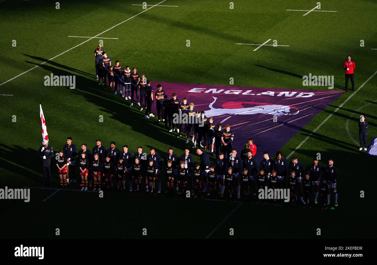 England line up prior to the Rugby League World Cup semi-final match at the Emirates Stadium, London. Picture date: Saturday November 12, 2022. Stock Photo