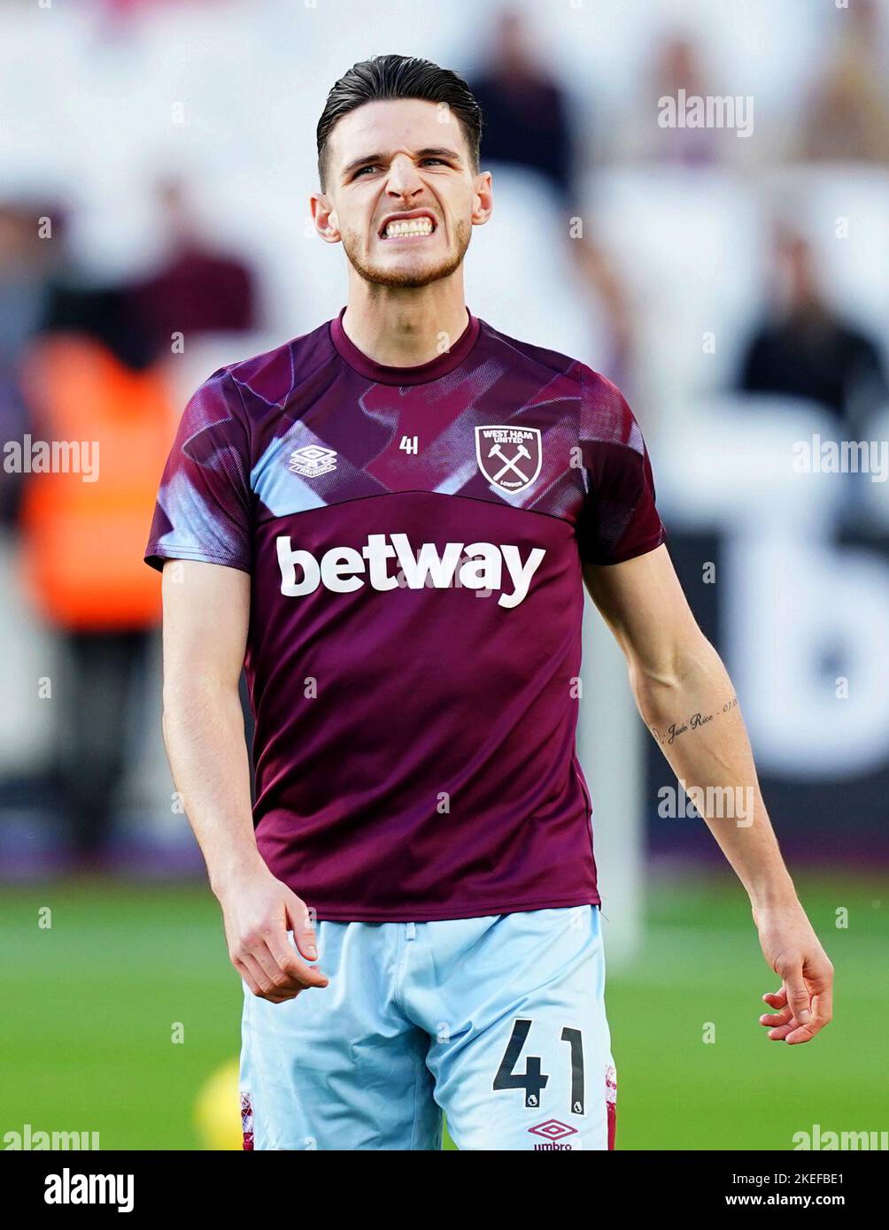 West Ham United's Declan Rice during the pre-match warm up ahead of the ...