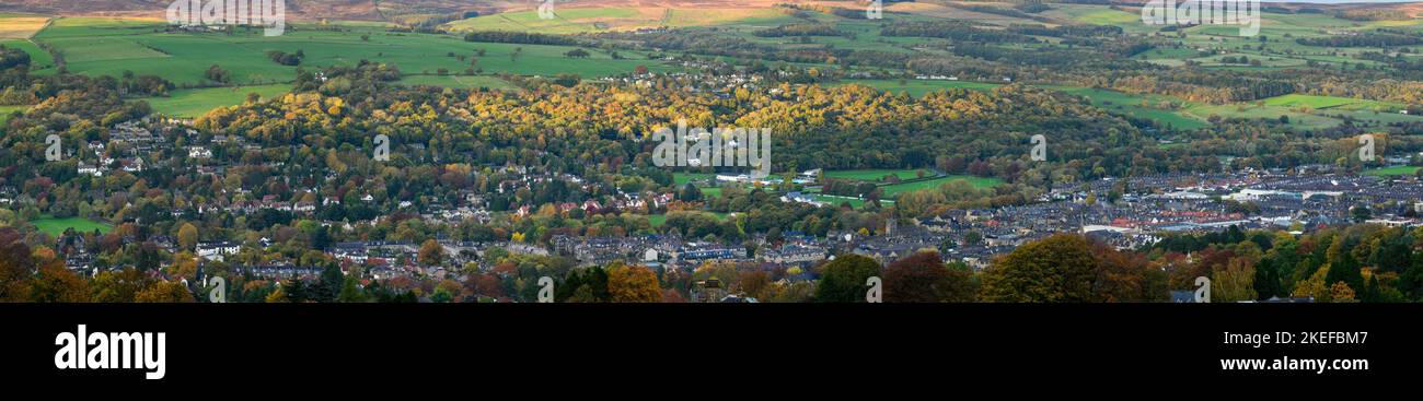 Panoramic high elevated view of Ilkley town (settlement nestling in valley,  scenic location, idyllic place to live) - West Yorkshire, England, UK. Stock Photo