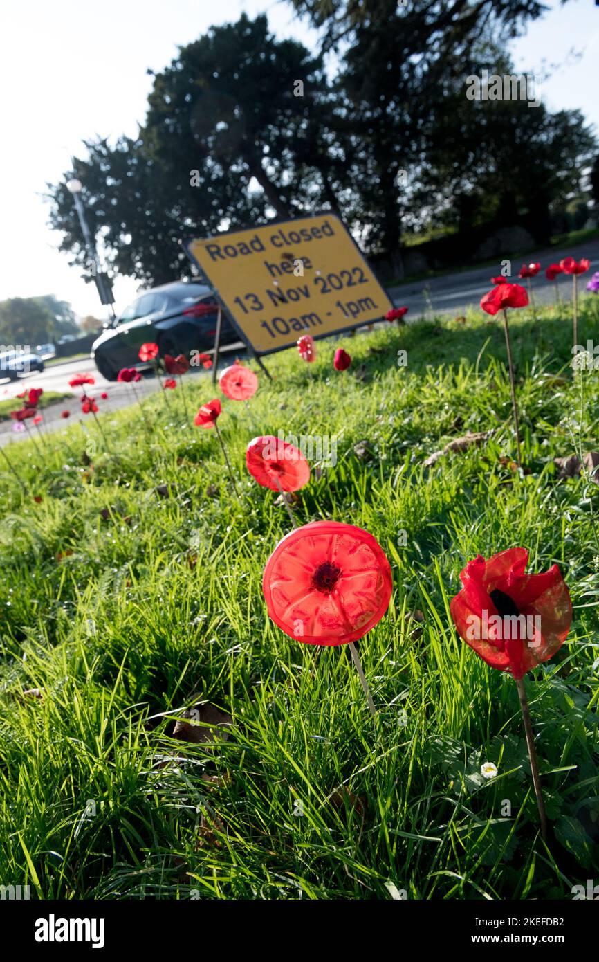 Market Warsop, UK. 12th Nov, 2022. Homemade red poppies decorate the main processional route through the Nottinghamshire town of Market Warsop towards the the town's war memorial which will take place tomorrow, Sunday, 13th November, Remembrance Day. Credit: Alan Keith Beastall/Alamy Live News Stock Photo