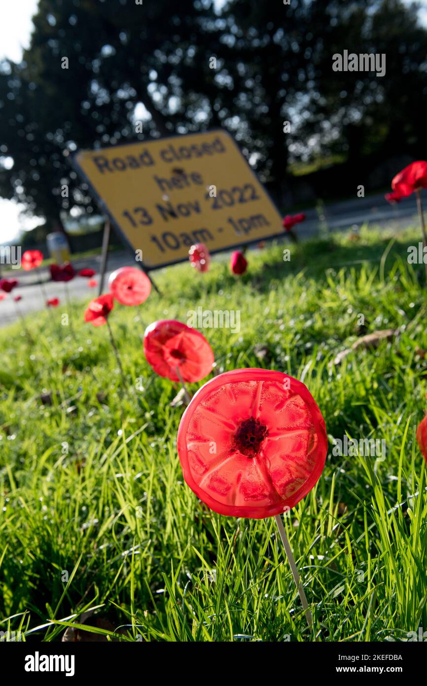 Market Warsop, UK. 12th Nov, 2022. Homemade red poppies decorate the main processional route through the Nottinghamshire town of Market Warsop towards the the town's war memorial which will take place tomorrow, Sunday, 13th November, Remembrance Day. Credit: Alan Keith Beastall/Alamy Live News Stock Photo