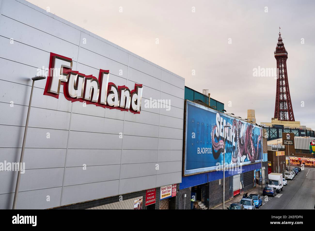 Back entrance to Funland and the Sealife centre in Central Blackpool Stock Photo