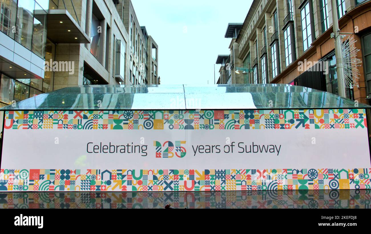 celebrating 125 years of subway poster on Buchanan street underground station Glasgow, Scotland, UK Stock Photo