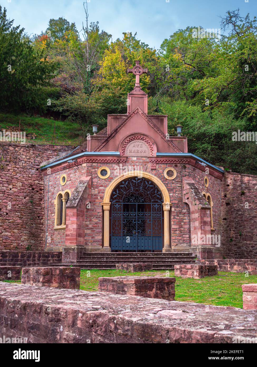 Gueberschwihr, France - October 11, 2022: Grotto of Our Lady of Lourdes in Gueberschwihr. A chapel dedicated to the Virgin Mary was built at the foot Stock Photo