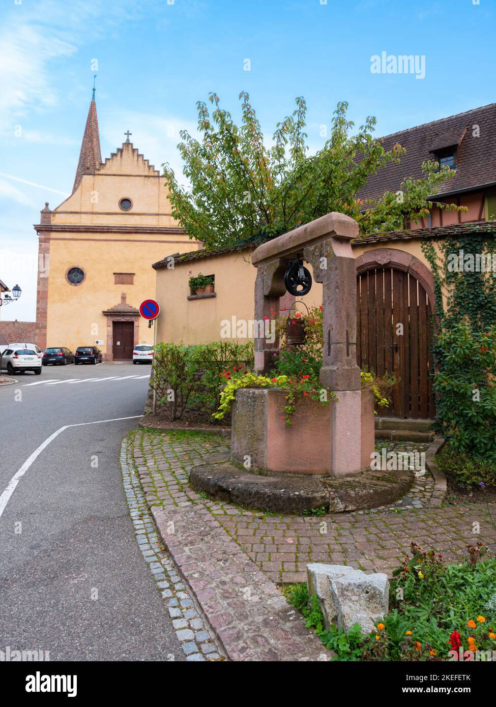 Niedermorschwihr, France - October 11, 2022: Traditional village of Niedermorschwihr in Alsace along the famous wine route Stock Photo