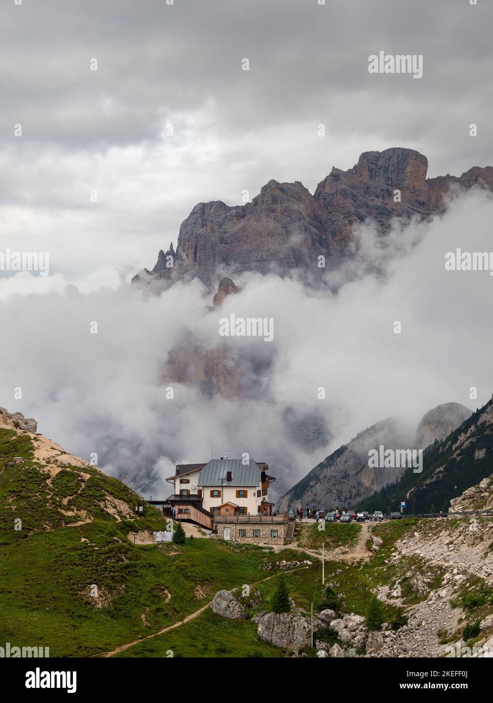 Valparola pass, Italy - July 27, 2022: Valparola at 2168m el. is a high mountain pass in the Dolomites in the province of Belluno in Italy Stock Photo