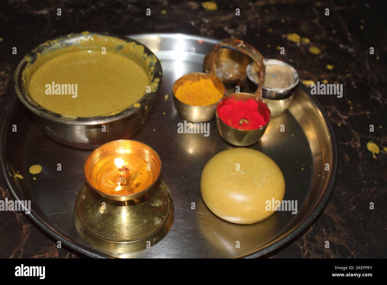 Traditional puja thali with lamp Stock Photo