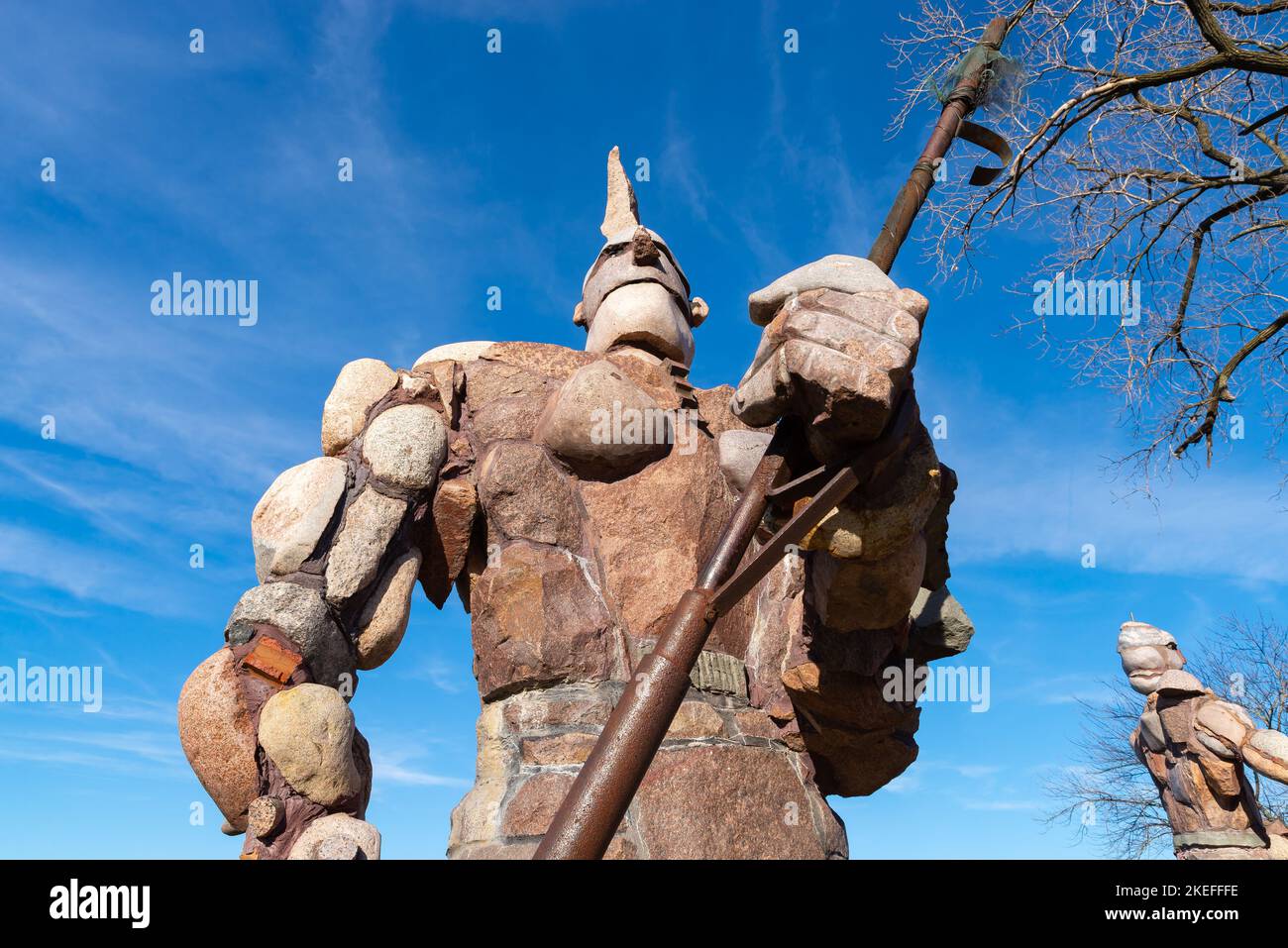 Rockford, Illinois - United States - November 7th, 2022: The Rock Guardians of Rockford sculptures by artist Terese Agnew on the Rock River, Rockford. Stock Photo