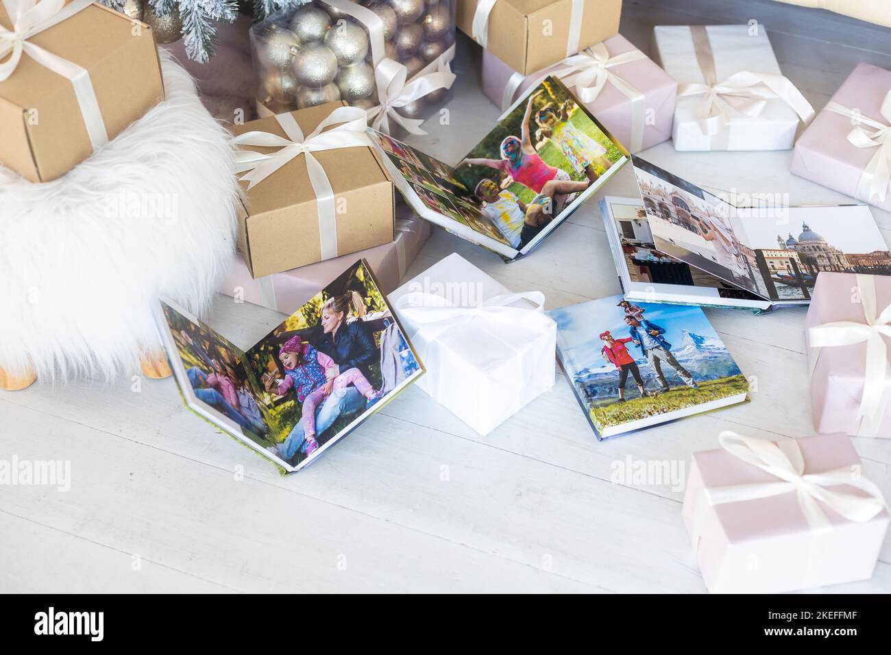 a Photobook of family.Photobook is gift. photo album next to gifts
