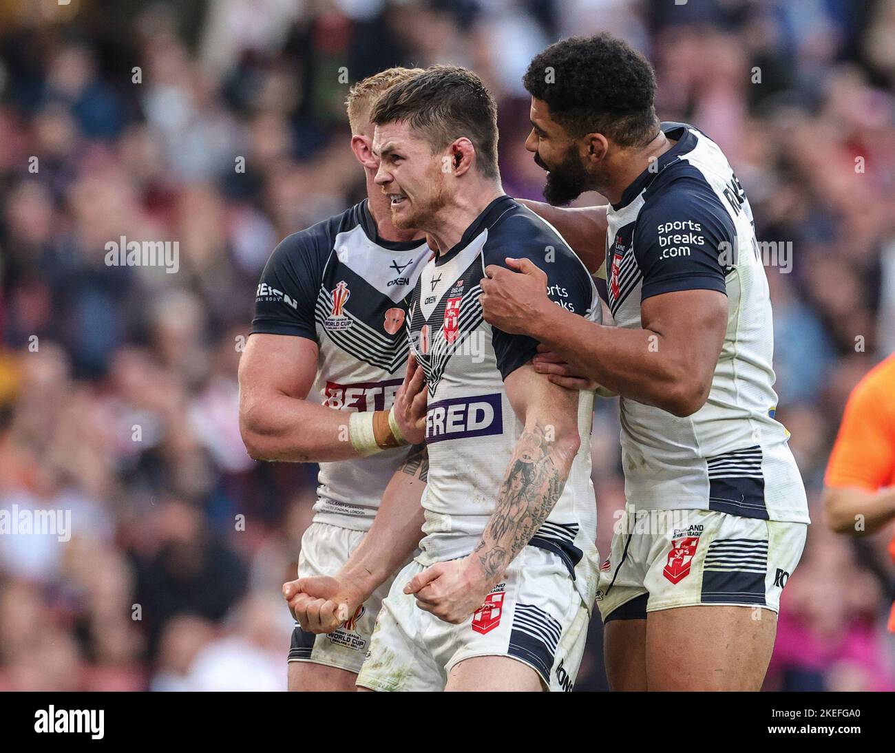 John Bateman of England celebrates their try during the Rugby League ...