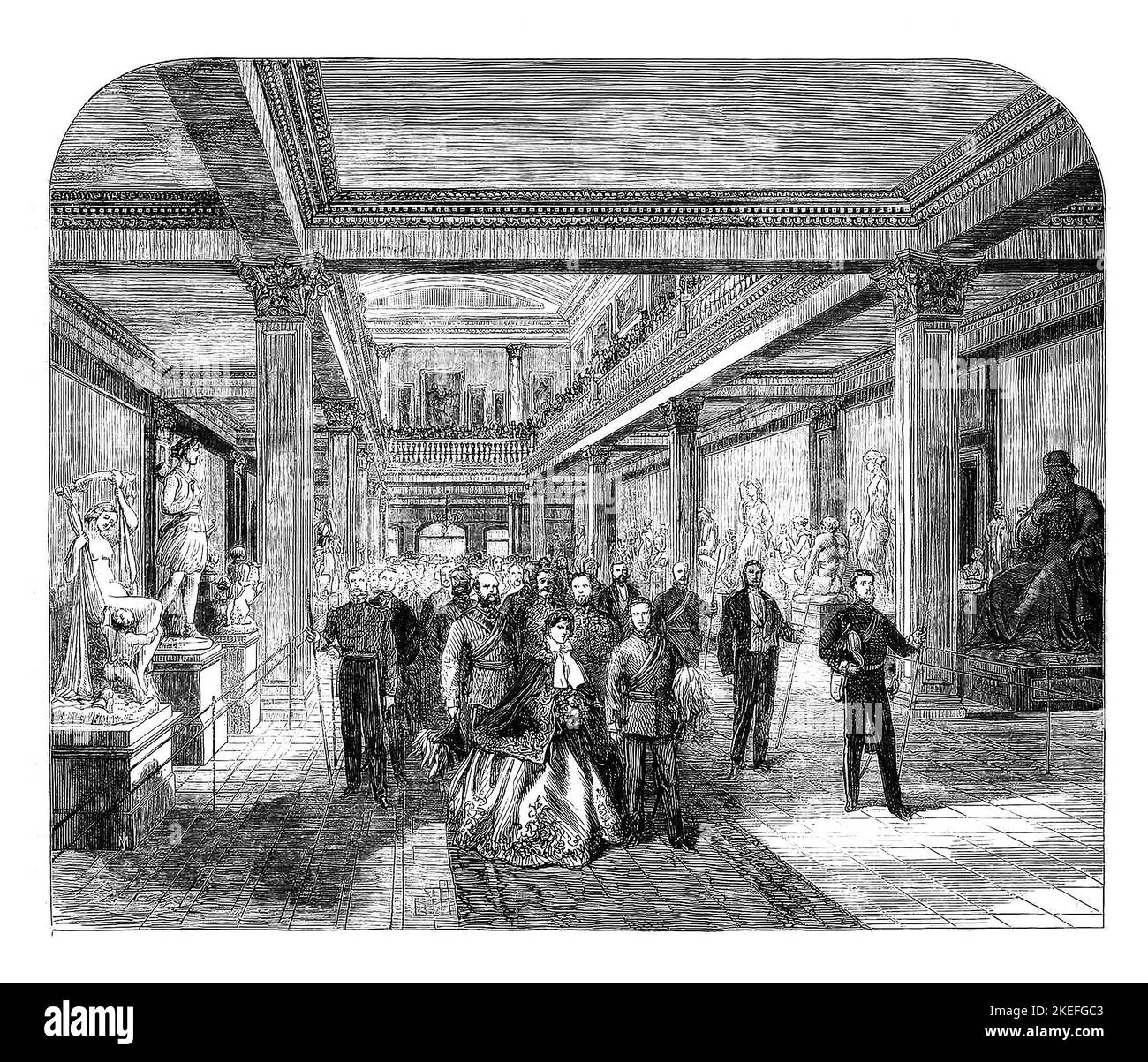Passing through the Sculpture Hall, the Prince of Wales, later King Edward VII  opens the second Dublin International Exhibition held in what became Iveagh Gardens, during the summer of 1865 in Ireland. Stock Photo