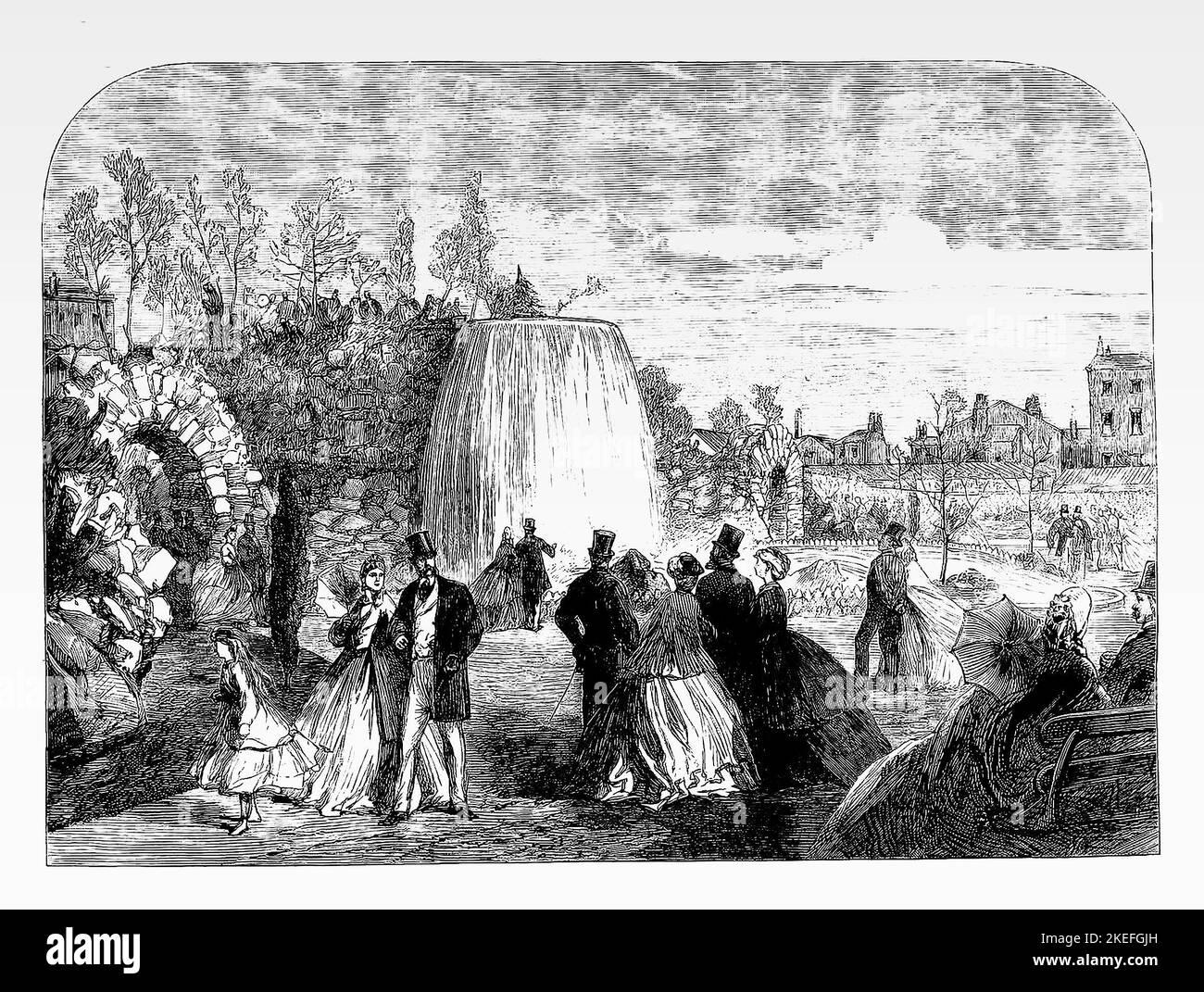 The cascade in the Winter Garden during the second Dublin International Exhibition held in what became Iveagh Gardens, in the summer of 1865 in Ireland. Stock Photo