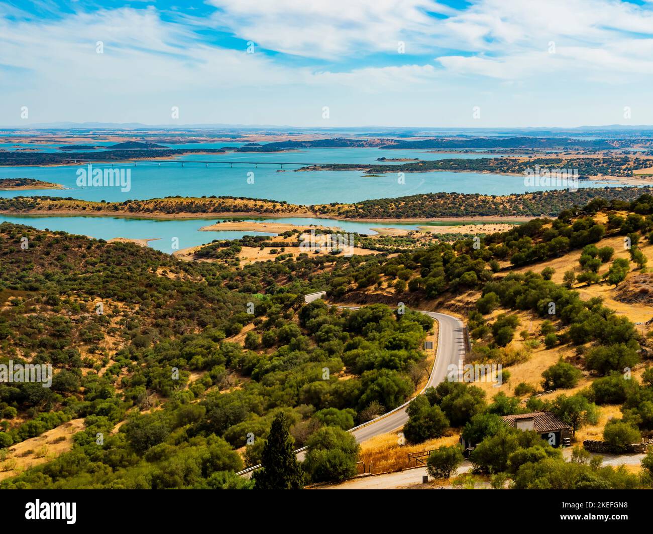 Impressive view of Alqueva lake, artificial bassin that impounds the River Guadiana, on the border of Beja and Evora Districts in the south of Portuga Stock Photo