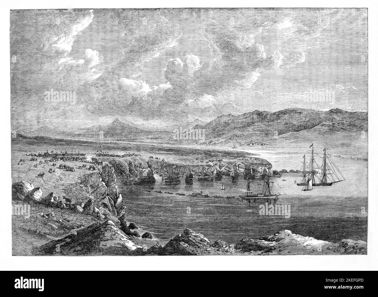 The 'Caroline' laying the shore end of the transatlantic telegraph cable at Foilhommerum in Valencia, County Kerry, Ireland during the 19th century Stock Photo