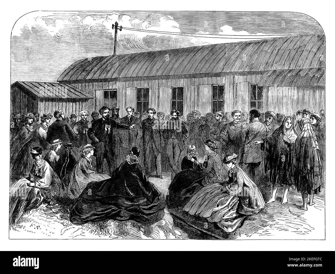 Robert Peel addressing bystanders following connection of the transatlantic telegraph cable to Telegraph House at Foilhommerum in Valencia, County Kerry, Ireland during the 19th century . Stock Photo