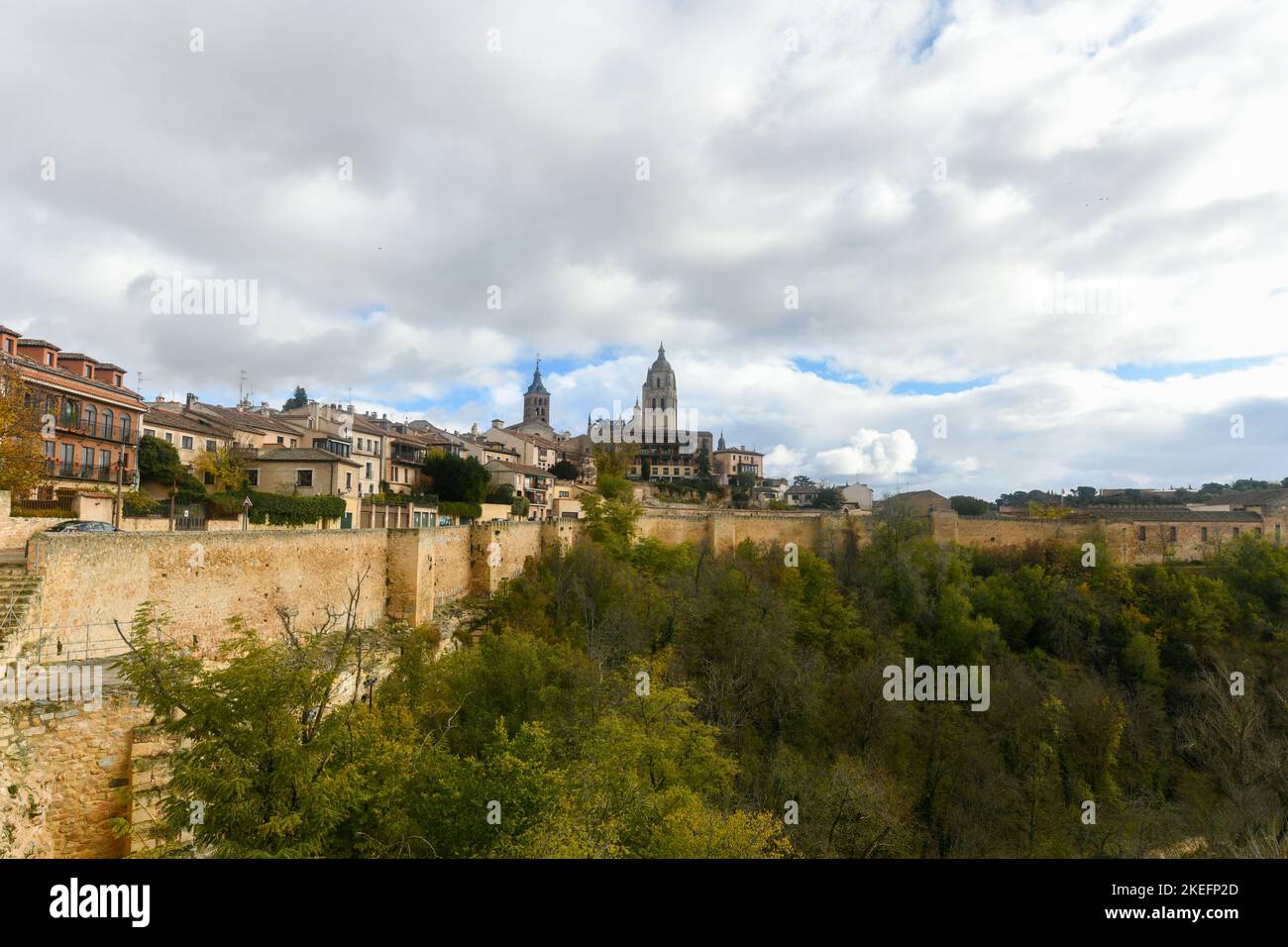 View of the Walls of Segovia with the Cathedral. UNESCO world heritage in Spain Stock Photo
