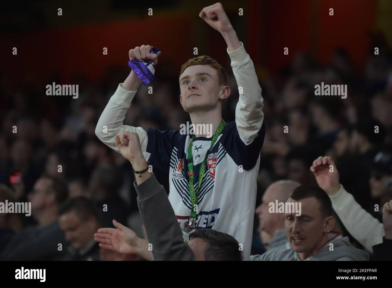 London, UK. 12th Nov 2022. England fan celebrates  Rugby League World Cup 2021 semi final between England and Samoa at The Emirates, Arsenal, London, UK on November 12 2022   (Photo by Craig Cresswell/Alamy Live News) Stock Photo