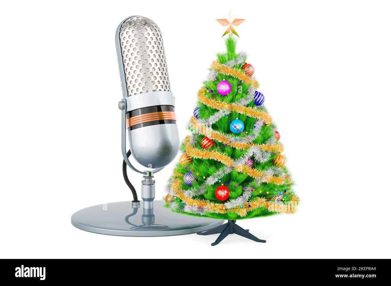 Microphone with Christmas tree. 3D rendering isolated on white