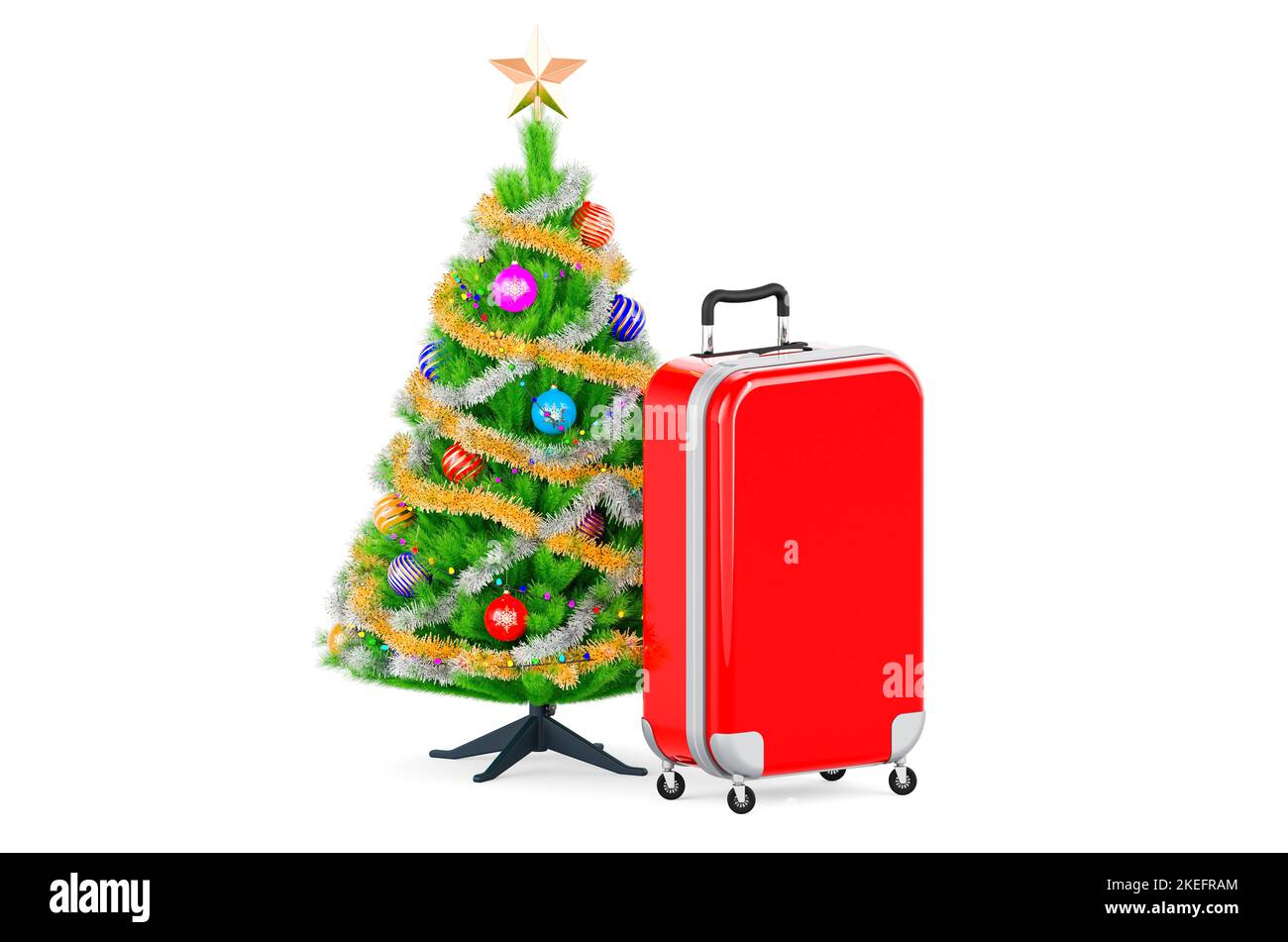 Suitcase with Christmas tree. Christmas holidays concept. 3D rendering
