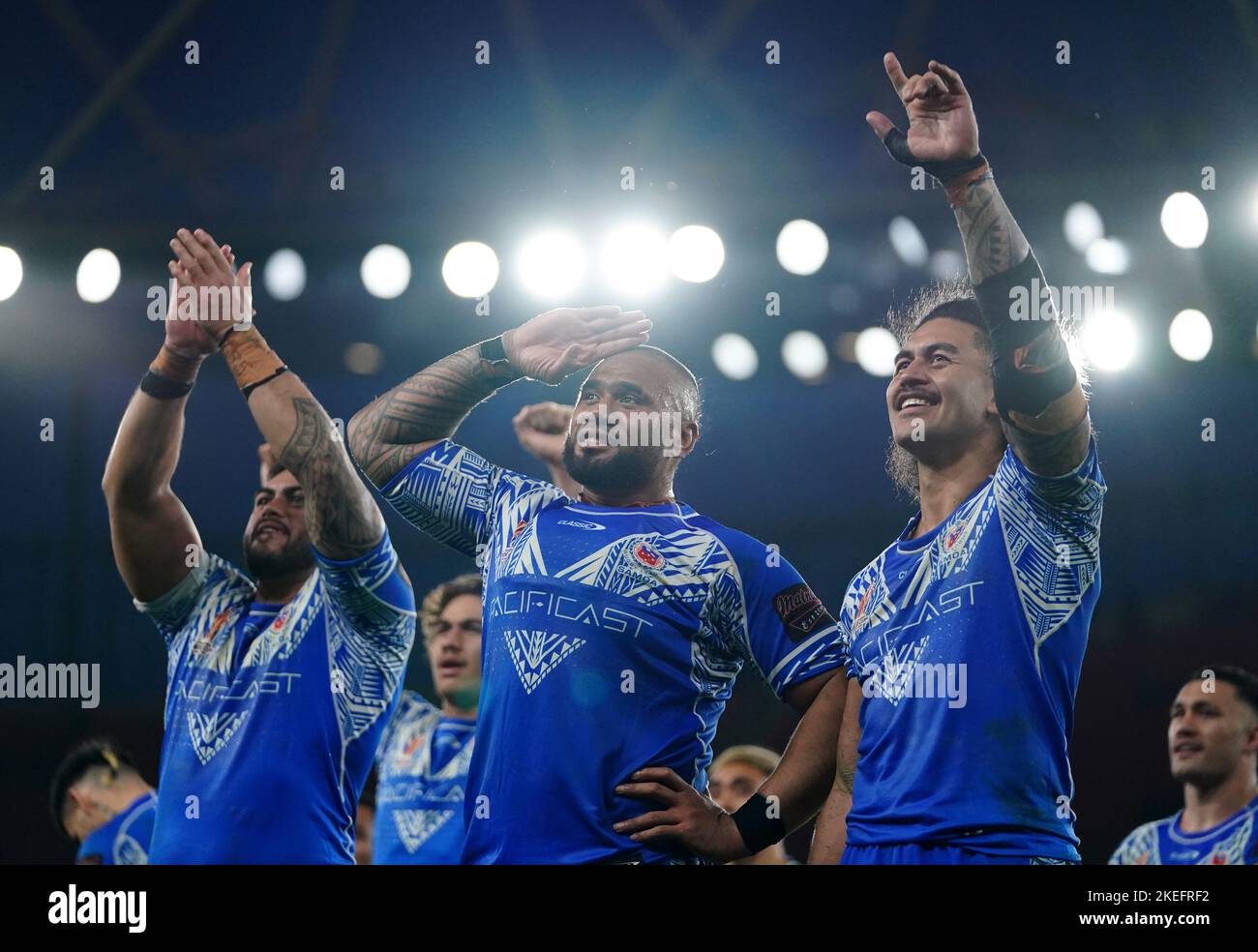 Samoa celebrate after winning the Rugby League World Cup semi-final match at the Emirates Stadium, London. Picture date: Saturday November 12, 2022. Stock Photo