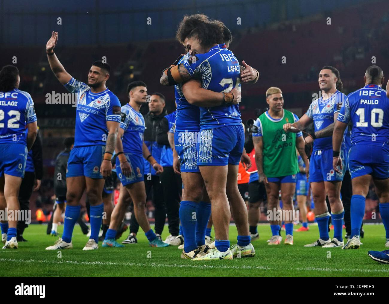 Samoa celebrate after winning the Rugby League World Cup semi-final match at the Emirates Stadium, London. Picture date: Saturday November 12, 2022. Stock Photo