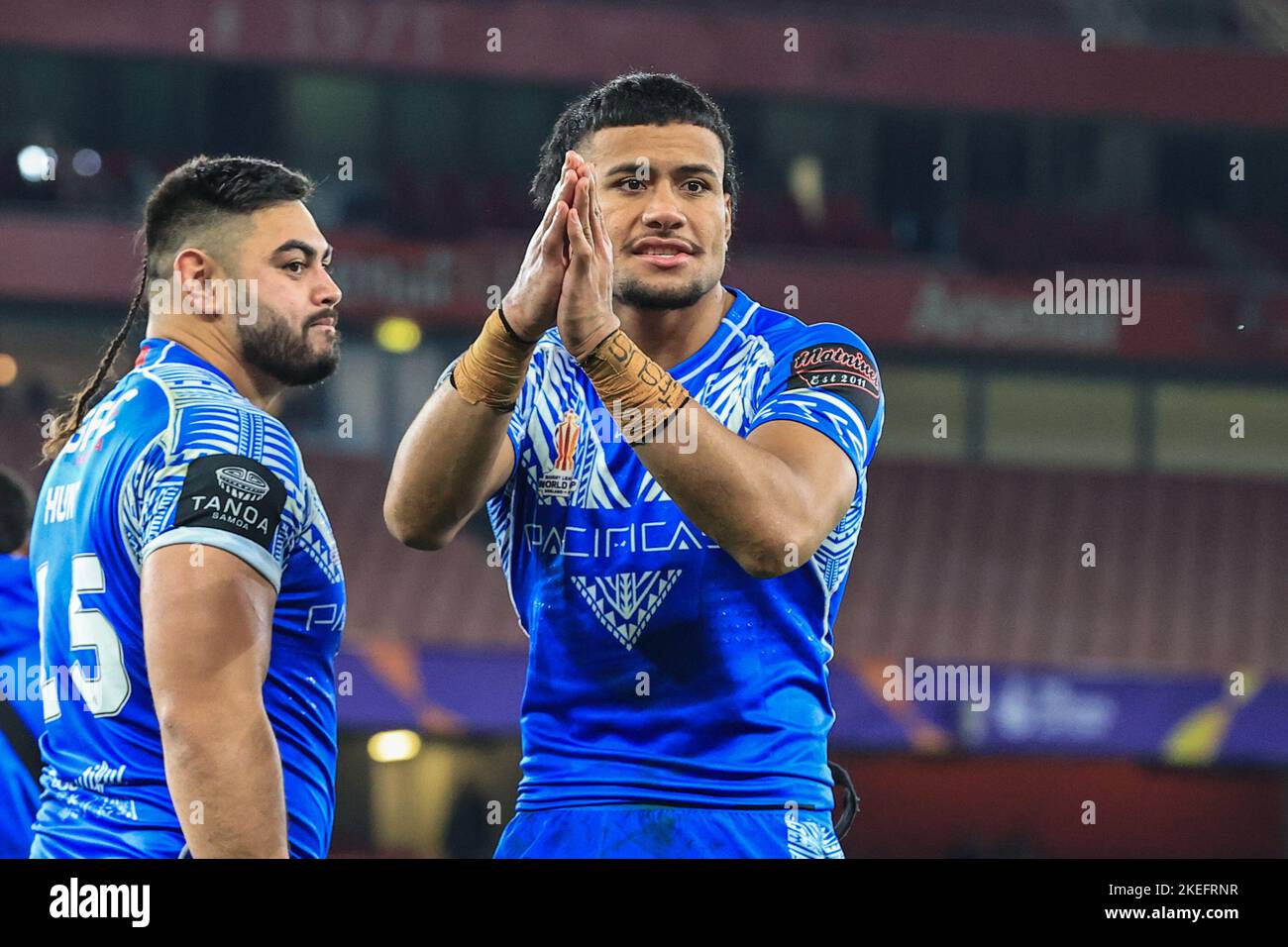 Drop goal hero Stephen Crichton of Samoa applauds the fans during the