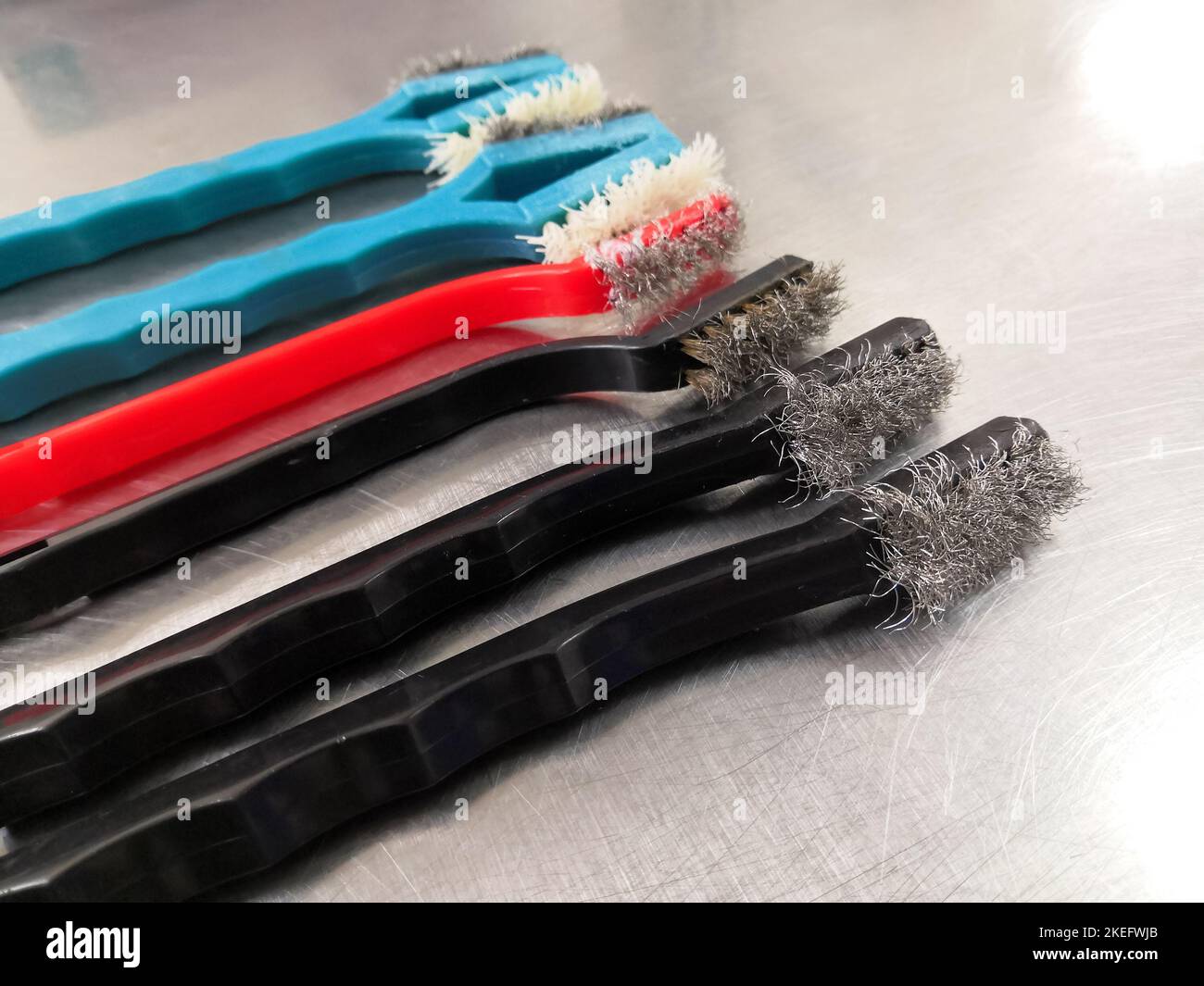 Closeup Image Of Different Types Used Of Surgical Instrument Cleaning Brushes Stock Photo
