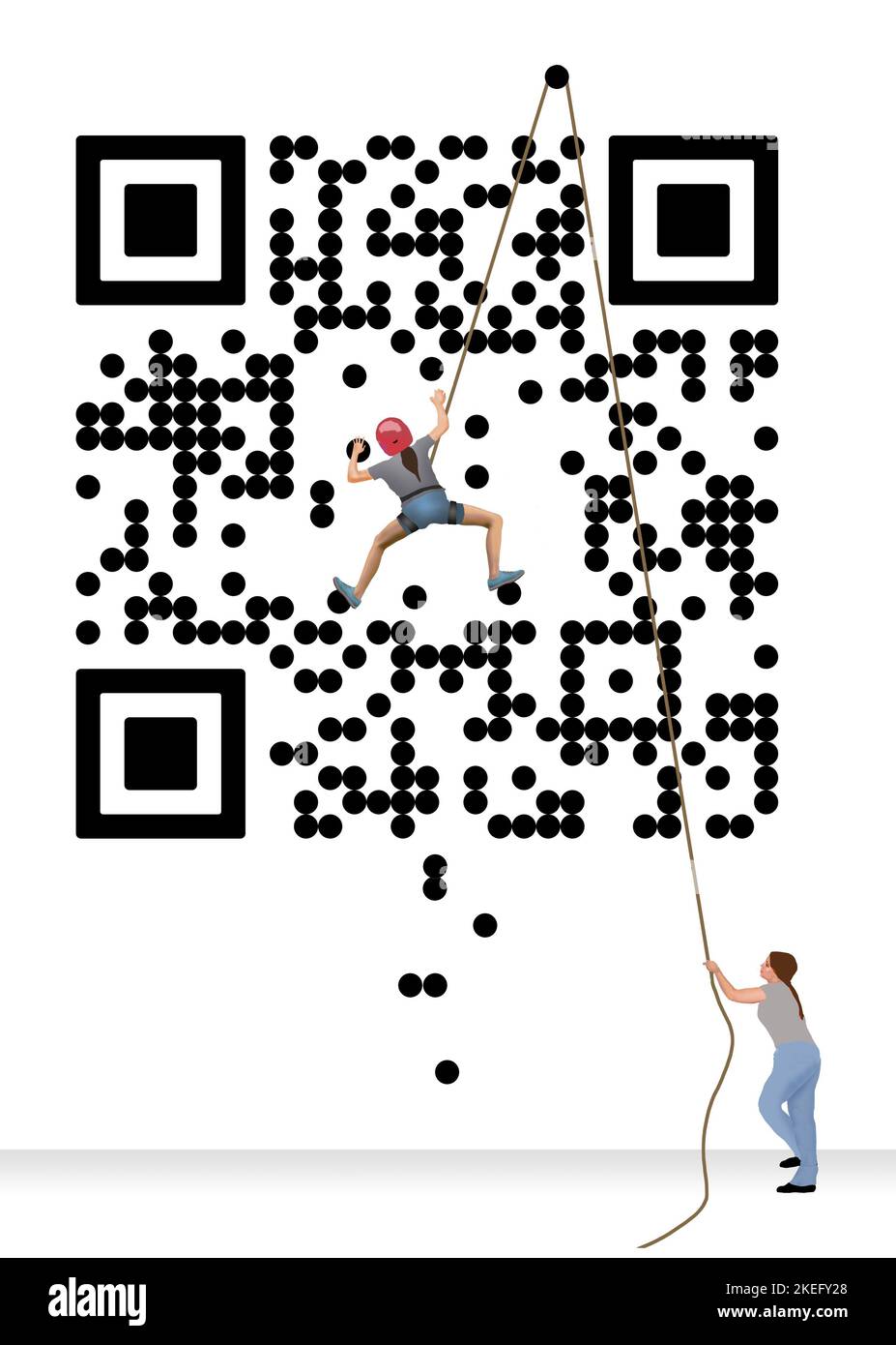 A girl is seen bouldering her way up a climbing wall that looks like a