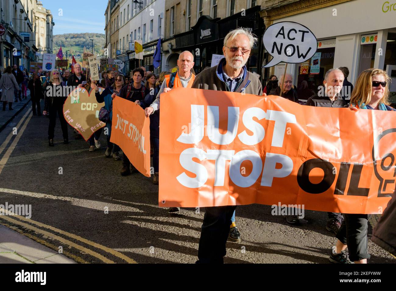 Bath, UK. 12th Nov, 2022. Protesters carrying climate change placards and signs are pictured as they take part in a climate change protest march through the centre of Bath. The Bath COP 27 protest was part of a global day of action around the world today as people took to the streets to push world leaders to act as their negotiators meet in Egypt at the COP 2022 United Nations Climate Change Conference. Credit: Lynchpics/Alamy Live News Stock Photo