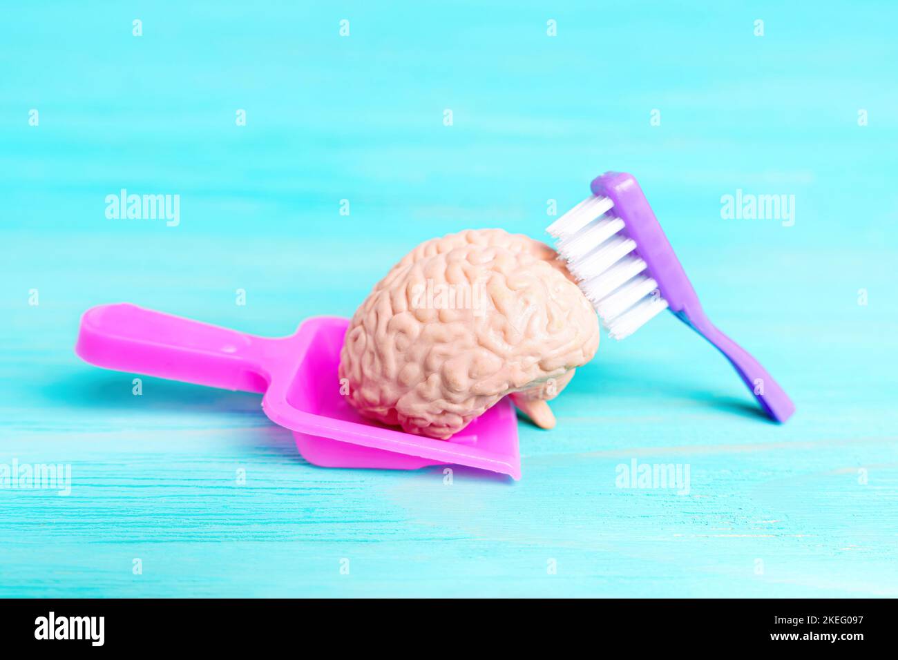 Cleaning human brain figurine placed on a toy dust pan with a scrub brush on blue background. Creative mind clearing concept. Stock Photo