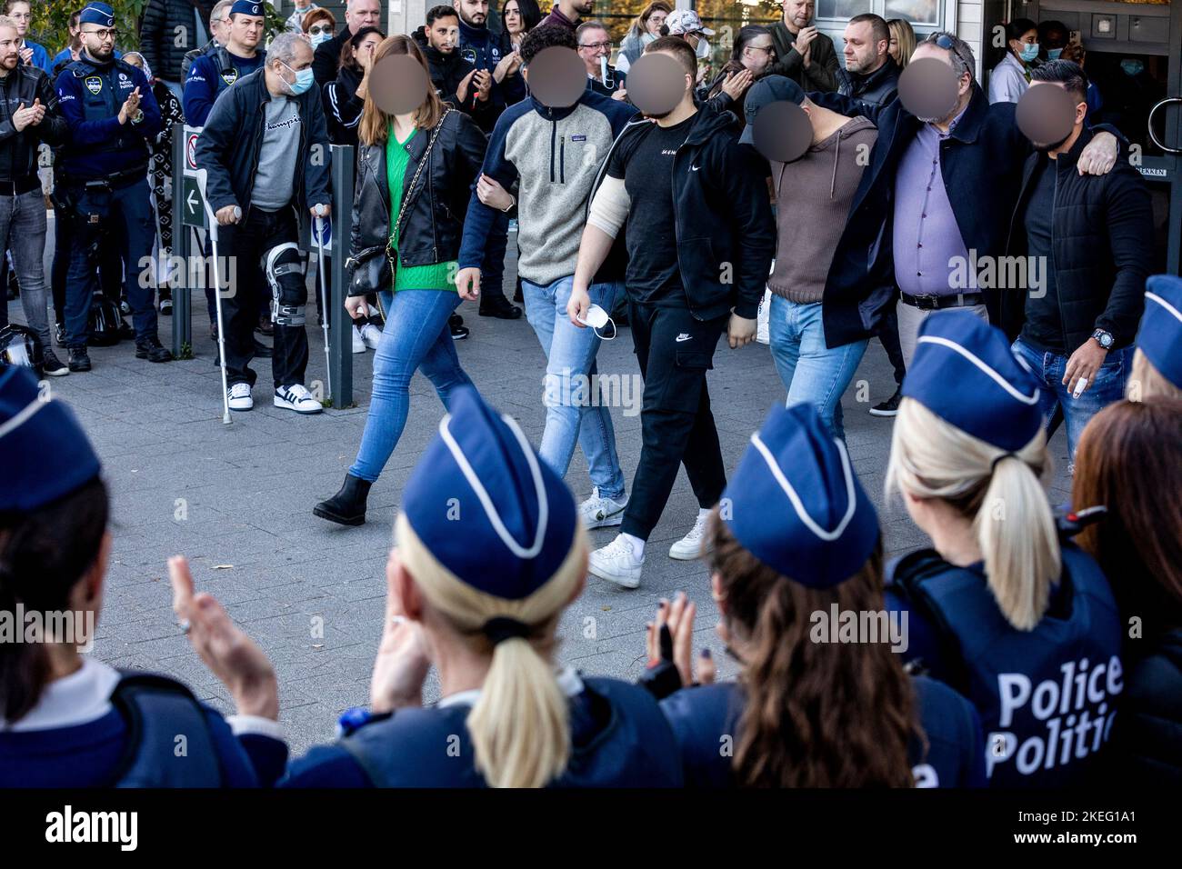 Illustration shows  a guard of honnor for the police officer injured in a stabbing attack last Thursday, as he is leaving hospital, UZ Jette, Saturday 12 November 2022. BELGA PHOTO HATIM KAGHAT Stock Photo