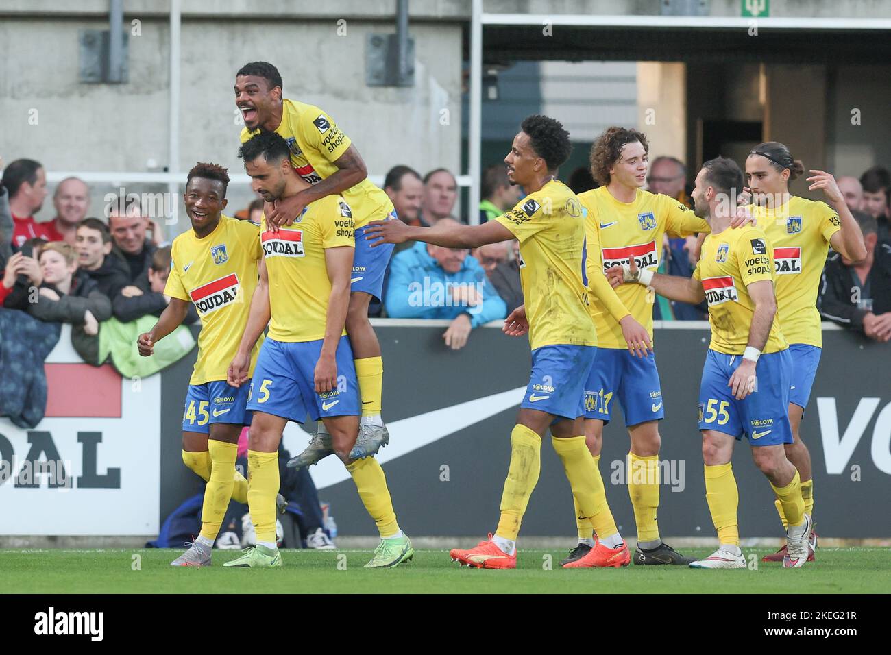 Westerlo's Nacer Chadli celebrates after scoring during a soccer match between KVC Westerlo and KV Oostende, Saturday 12 November 2022 in Westerlo, on day 17 of the 2022-2023 'Jupiler Pro League' first division of the Belgian championship. BELGA PHOTO BRUNO FAHY Stock Photo