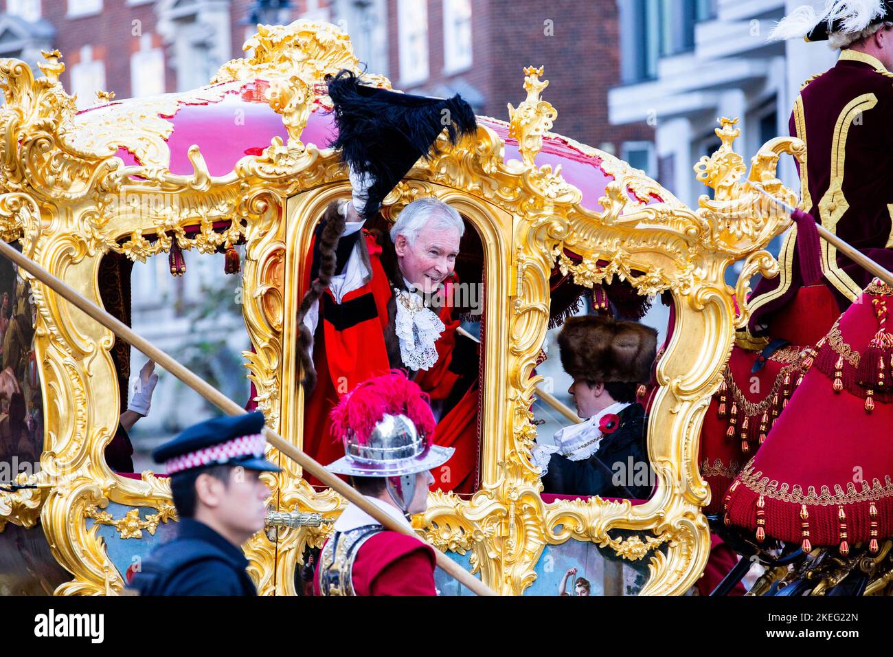 Nicholas Lyons, the new Lord Mayor of London waving his tricorn to the crowds during the Annual Lord Mayor's Show, Stock Photo