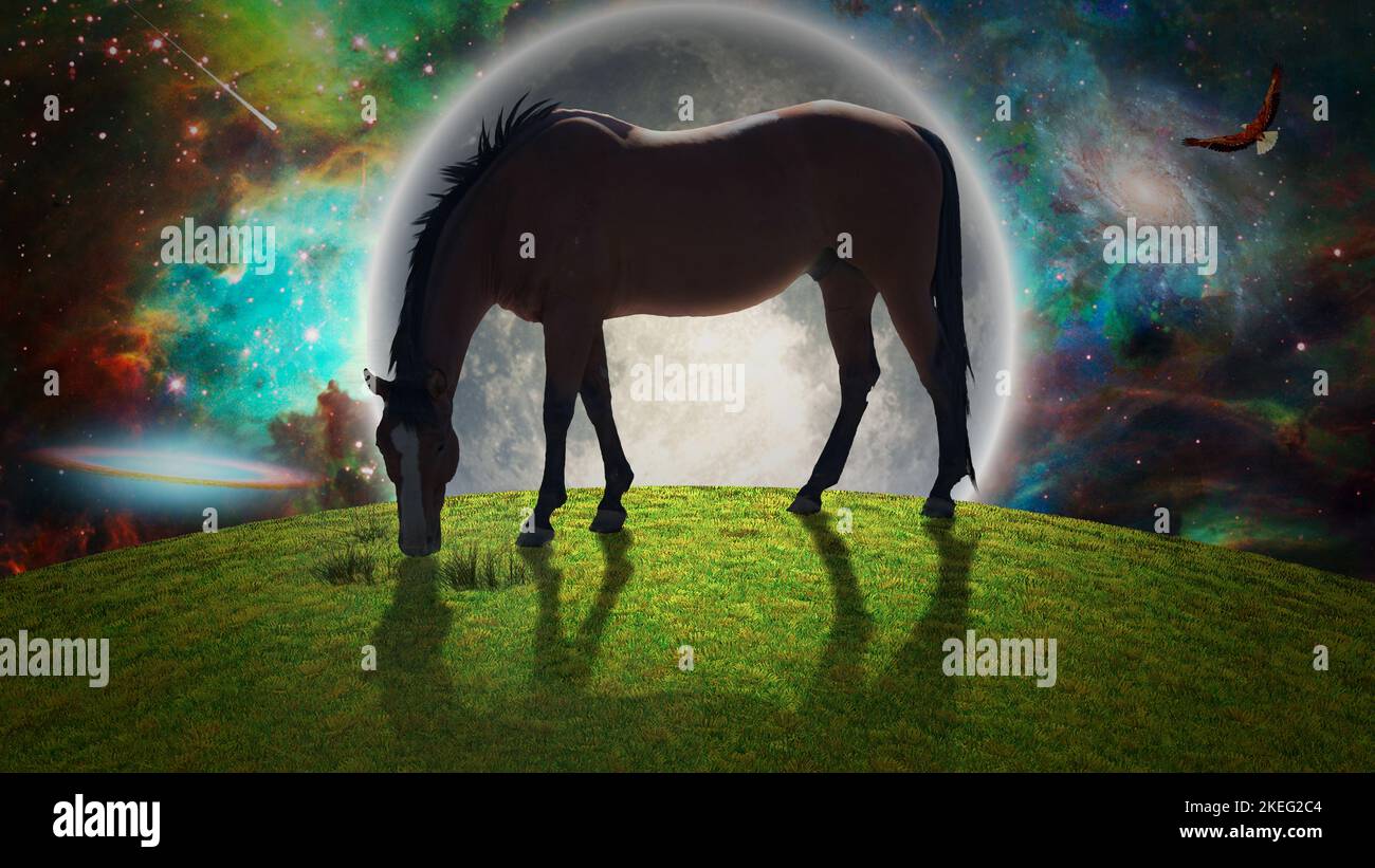 Horse in surreal landscape. 3D rendering Stock Photo