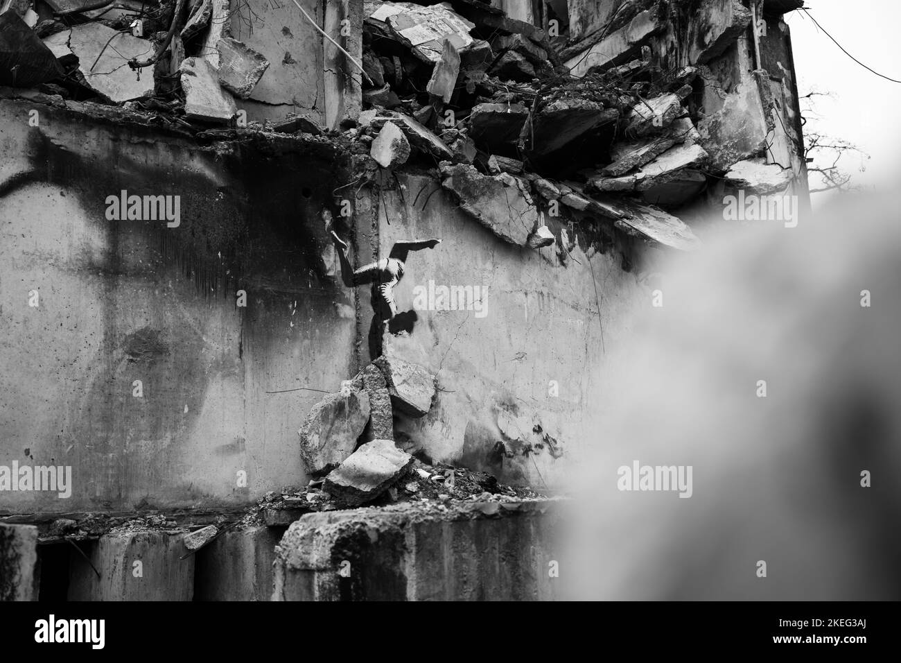 Borodyanka, Kyiv region 11.12.2022 The work of the mural of Banksy on