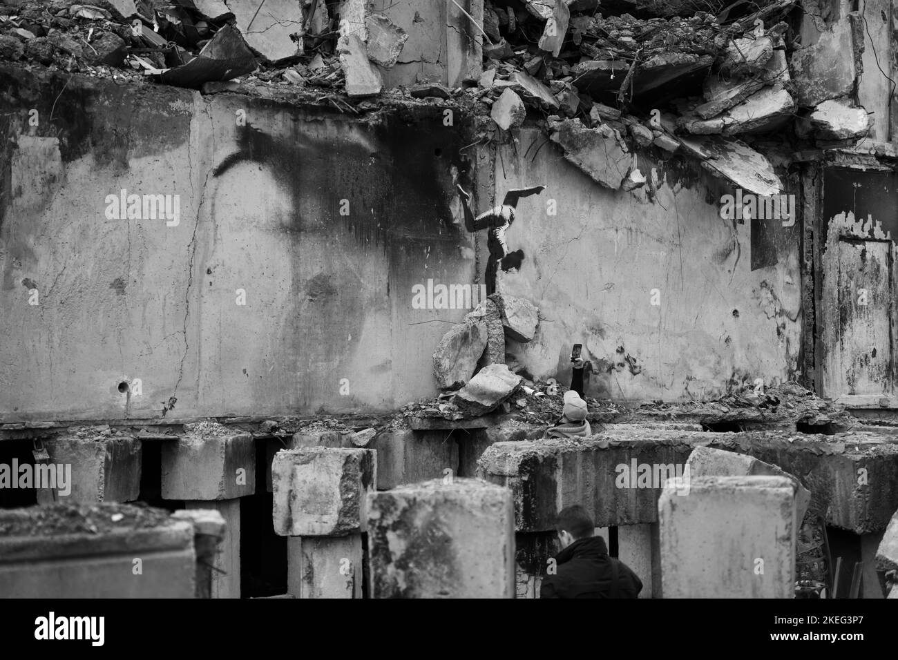 Borodyanka, Kyiv region 11.12.2022 The work of the mural of Banksy on