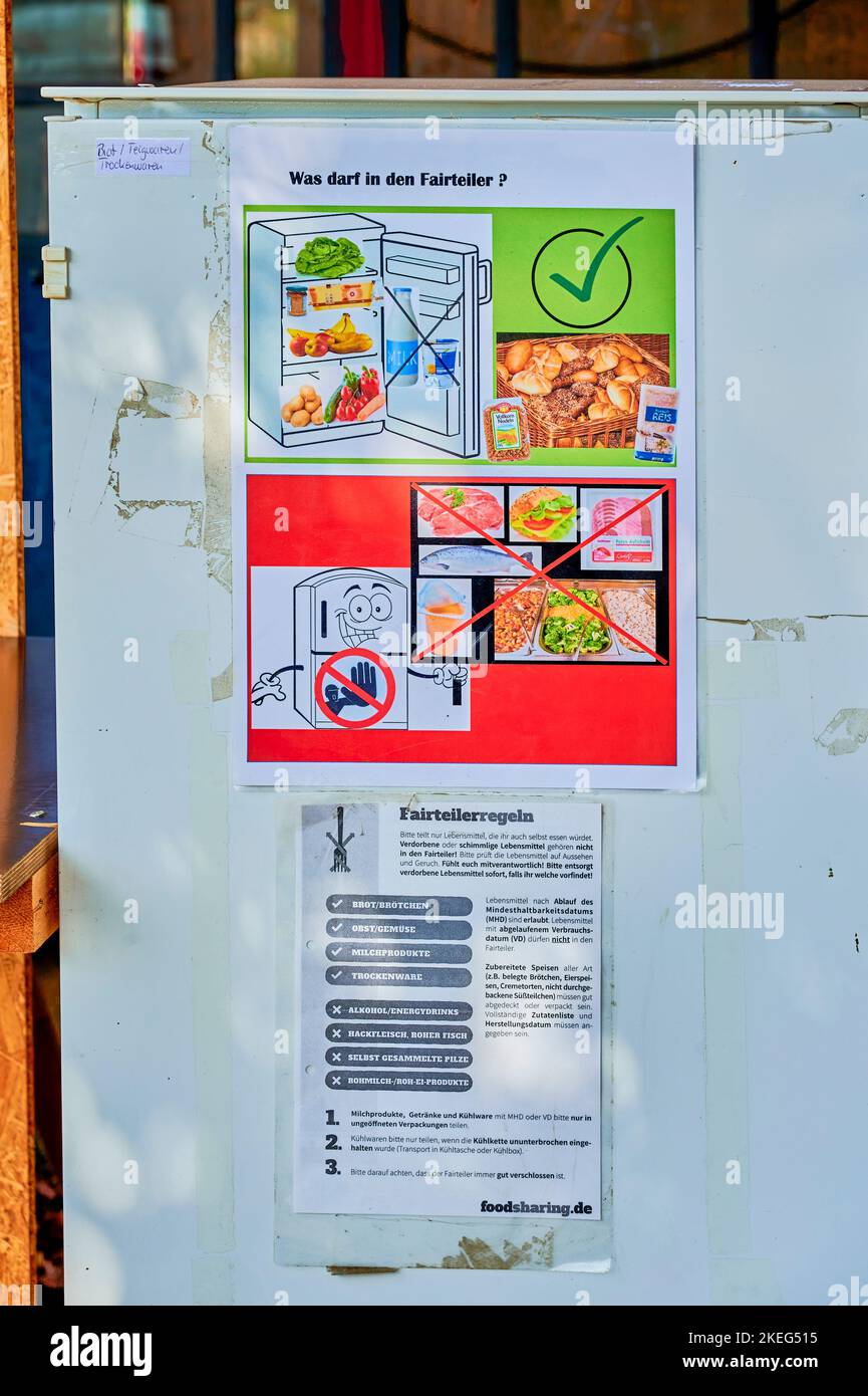 Berlin, Germany - September 4, 2022: Poster on a fridge advising what food can be donated to help those in need. Stock Photo