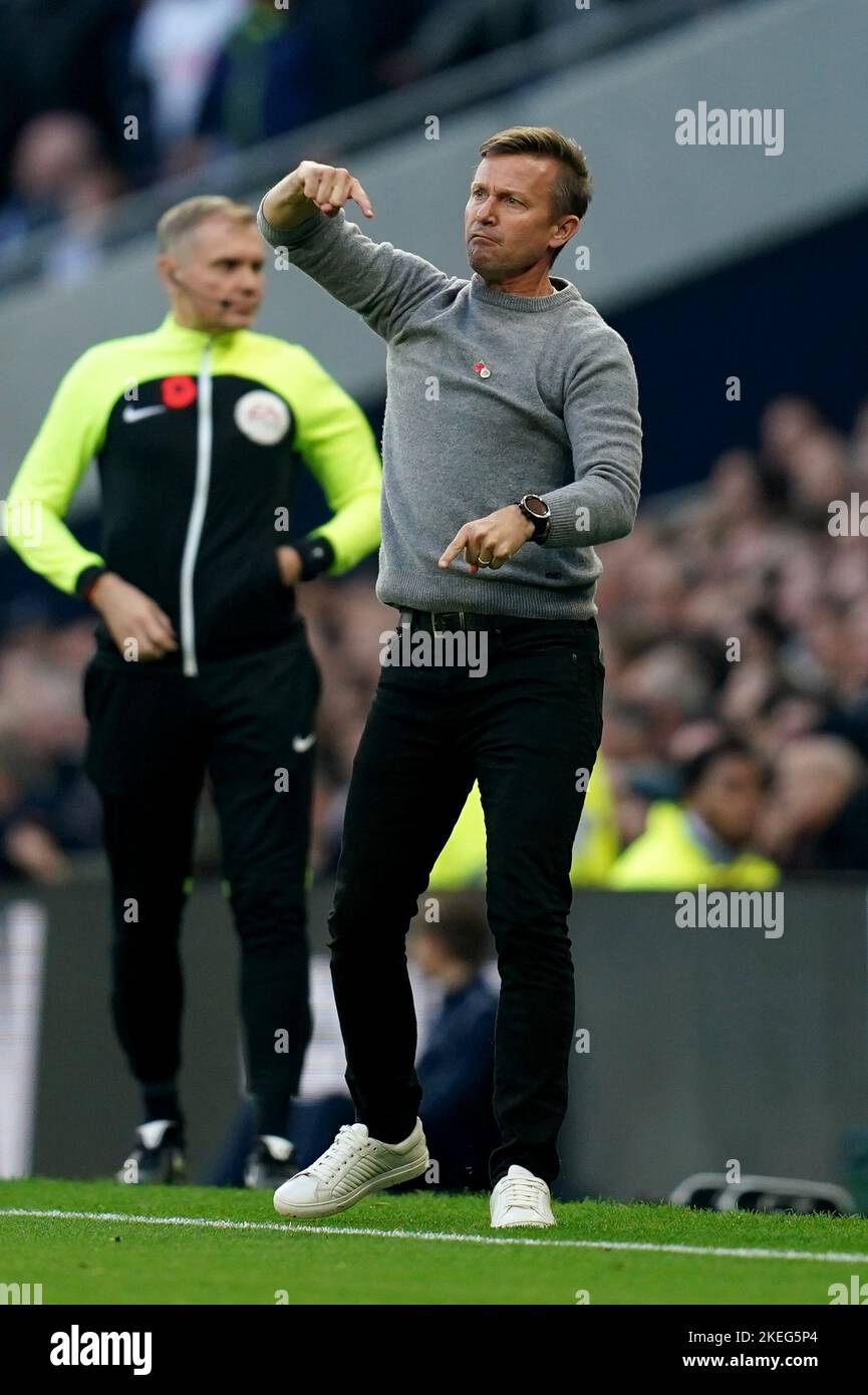 Leeds United manager Jesse Marsch gestures on the touchline during the