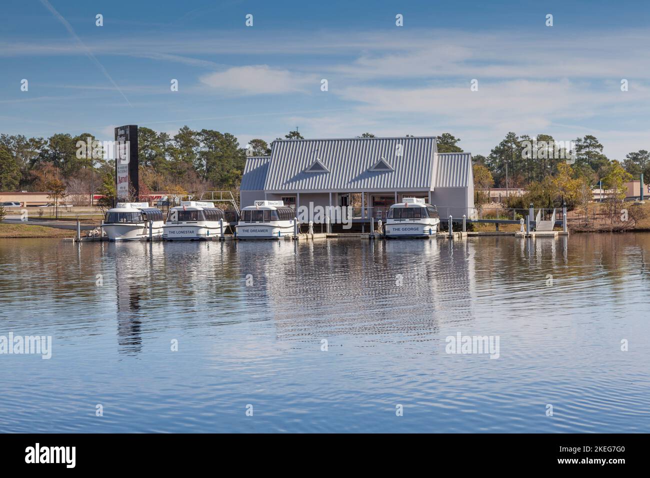 Boat dock on the Woodlands Waterway, for the Water Taxi transportation service. Stock Photo