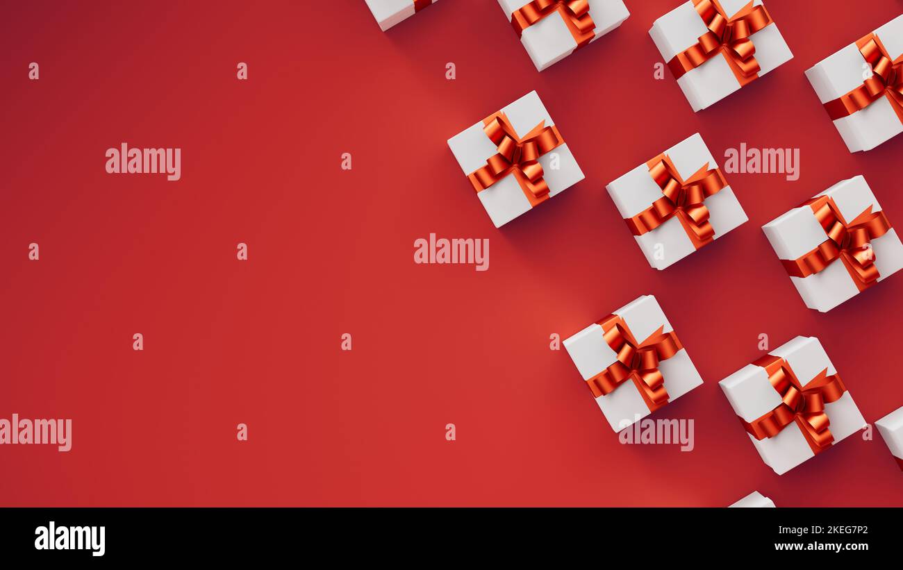 New Year white gift boxes with red ribbon on red background in perfect
