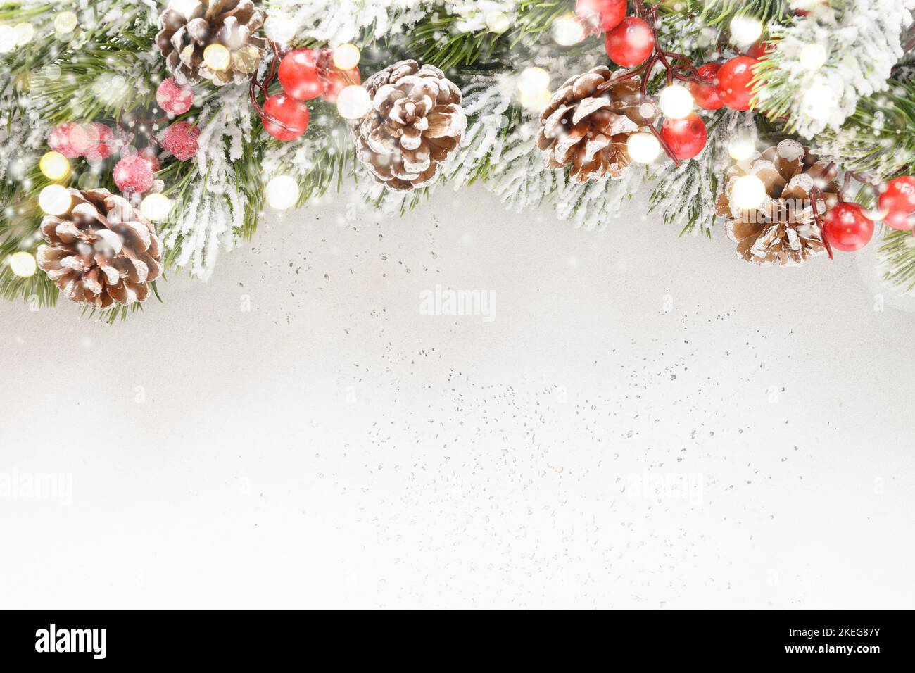 Christmas snowy fir tree branches, pine cone and bokeh garland on white ...