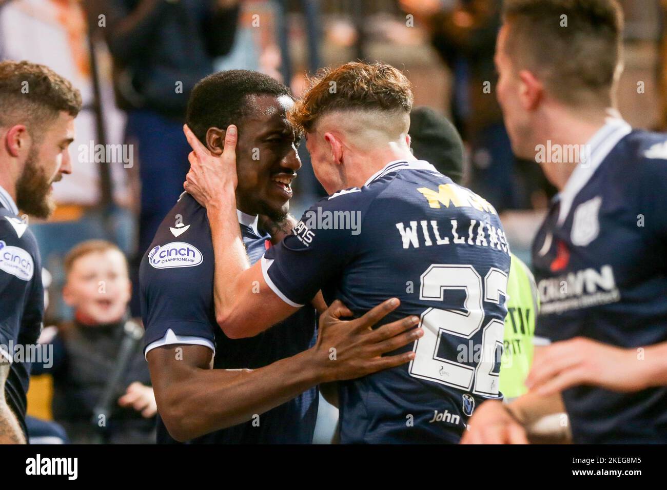 Dundee, Scotland, UK. 12th November 2022;  Dens Park, Dundee, Scotland: Scottish Championship football, Dundee versus Raith Rovers; Zach Robinson of Dundee is congratulated after scoring for 2-0 by Ben Williamson in 54th minute Credit: Action Plus Sports Images/Alamy Live News Stock Photo