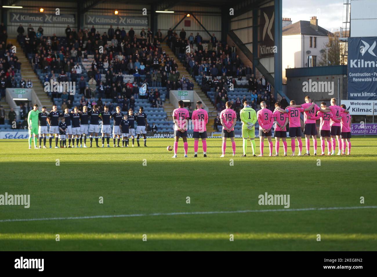 Dundee, Scotland, UK. 12th November 2022;  Dens Park, Dundee, Scotland: Scottish Championship football, Dundee versus Raith Rovers; Dundee and Raith line up for a minutes silence for remebrance weekend Credit: Action Plus Sports Images/Alamy Live News Stock Photo
