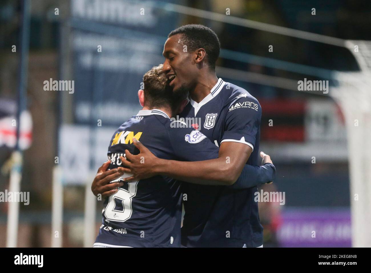Dundee, Scotland, UK. 12th November 2022;  Dens Park, Dundee, Scotland: Scottish Championship football, Dundee versus Raith Rovers; Zach Robinson of Dundee celebrates after scoring for 2-0 with Paul McMullan  in 54th minute Credit: Action Plus Sports Images/Alamy Live News Stock Photo