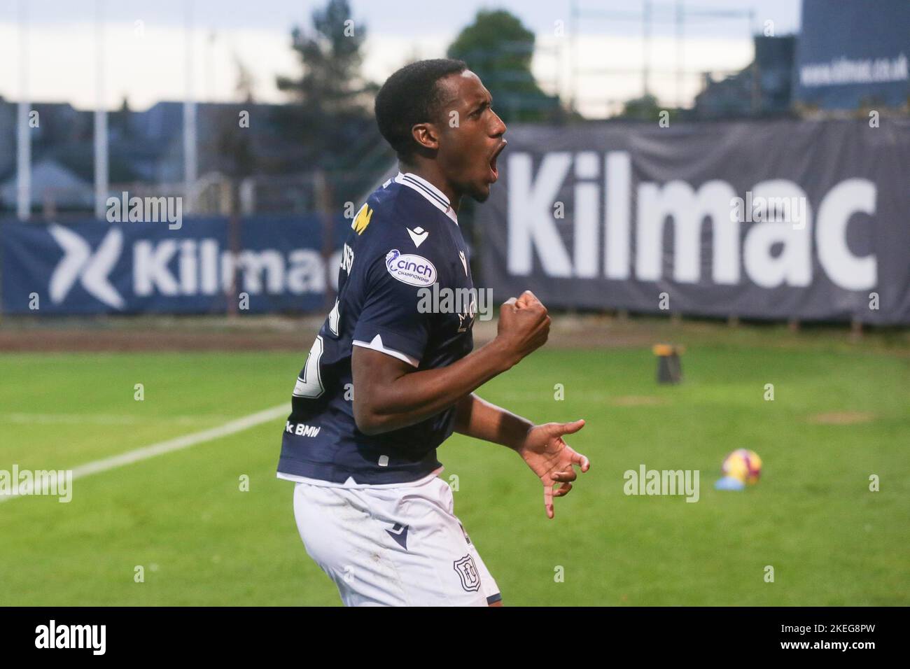 Dundee, Scotland, UK. 12th November 2022; Dens Park, Dundee, Scotland: Scottish Championship football, Dundee versus Raith Rovers; Zach Robinson of Dundee celebrates after scoring a penalty kick for 1-0 in the 49th minute Credit: Action Plus Sports Images/Alamy Live News Stock Photo