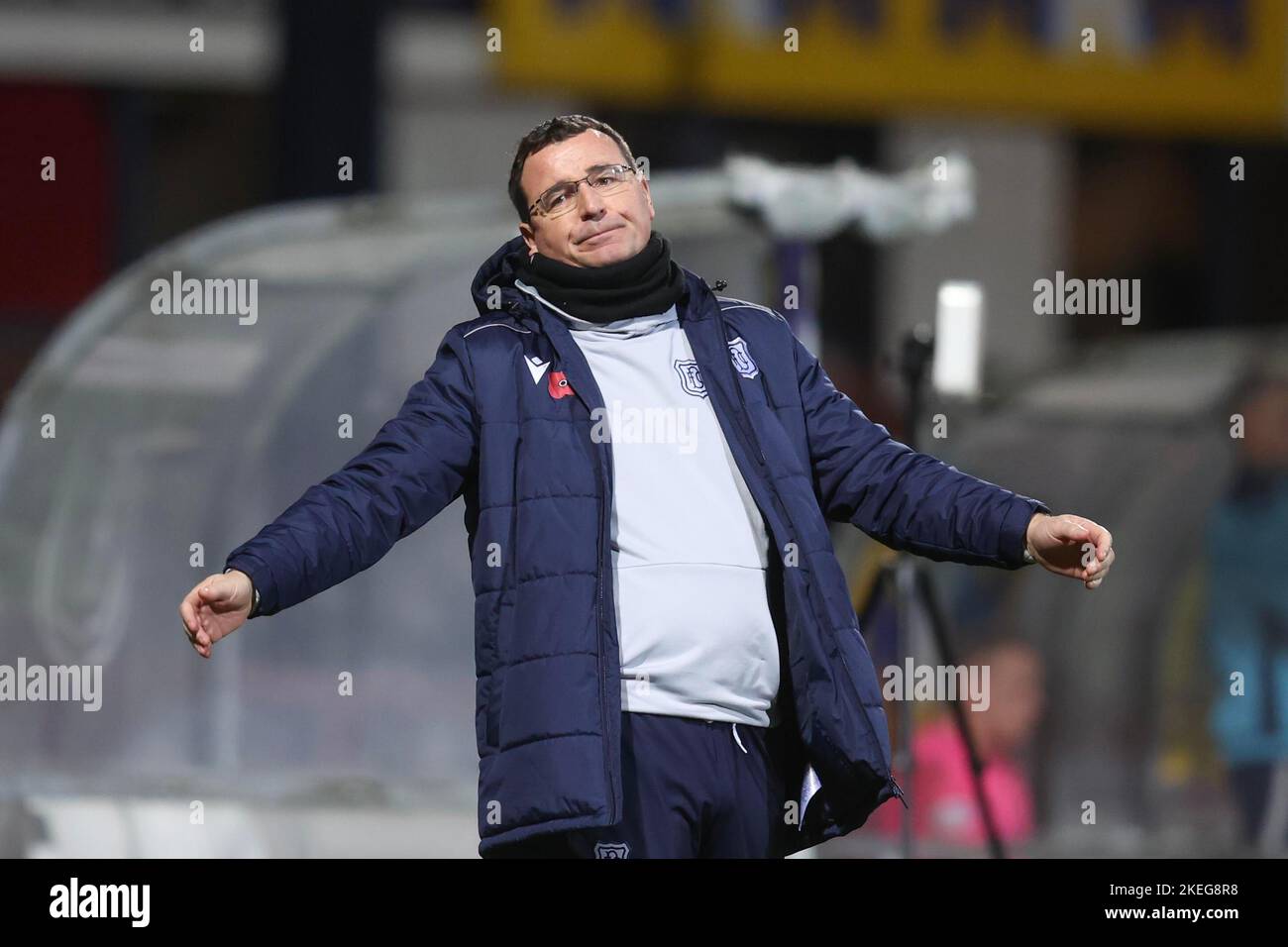 Dundee, Scotland, UK. 12th November 2022; Dens Park, Dundee, Scotland: Scottish Championship football, Dundee versus Raith Rovers; Dundee manager Gary Bowyer shows his frustration with a decision Credit: Action Plus Sports Images/Alamy Live News Stock Photo