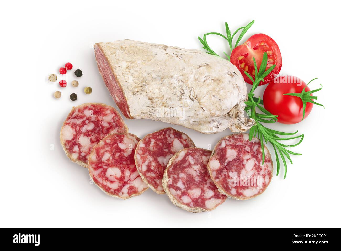 Cured salami sausage isolated on white background. Italian cuisine with full depth of field